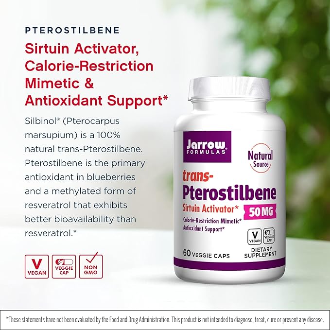 Jarrow Formulas trans-Pterostilbene 50 Milligrams Per Serving 60 Vegetarian Capsules. Pack of 2 bottles