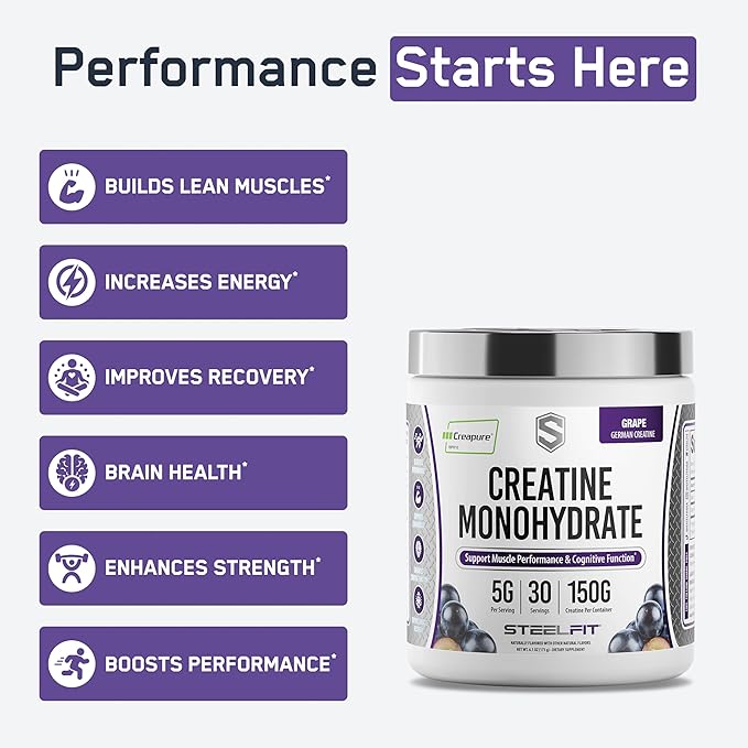 SteelFit Creapure Pure Creatine Monohydrate Powder for Men &amp Women Grape - Flavored Creatine Gym Workout Supplements for Lean Muscle Gain Brain Health &amp Strength Building - 30 Servings