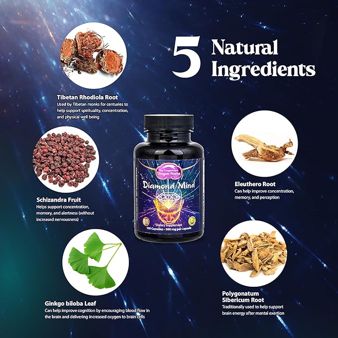 Dragon Herbs Plant Based Supplement for Memory &amp Concentration Support Vegan Adaptogenic Formula with Ginkgo Schizandra &amp Eleuthero - Diamond Mind 100 Capsules