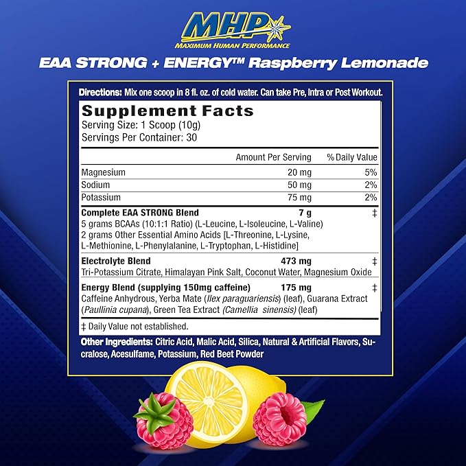 Maximum Human Performance EAA Strong + Energy EAA Supplement All 9 EAAs BCAAs Electrolytes Coconut Water Pre-Workout Enhances Muscle Building Performance Caffeine Raspberry Lemonade 30 Serve