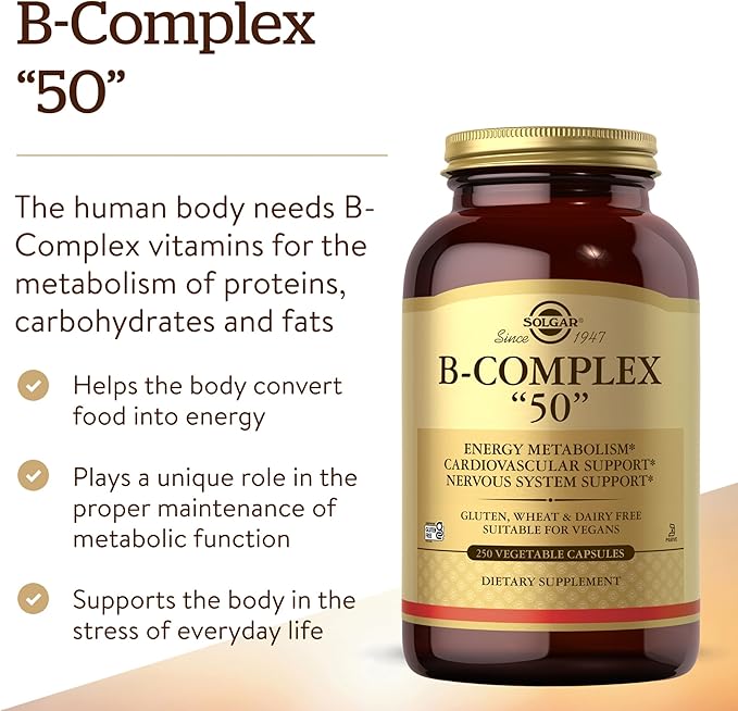 Solgar B-Complex “50” 250 Vegetable Capsules - Energy Metabolism Cardiovascular Support Nervous System Support - Non-GMO Vegan Gluten Free Dairy Free Kosher - 250 Servings