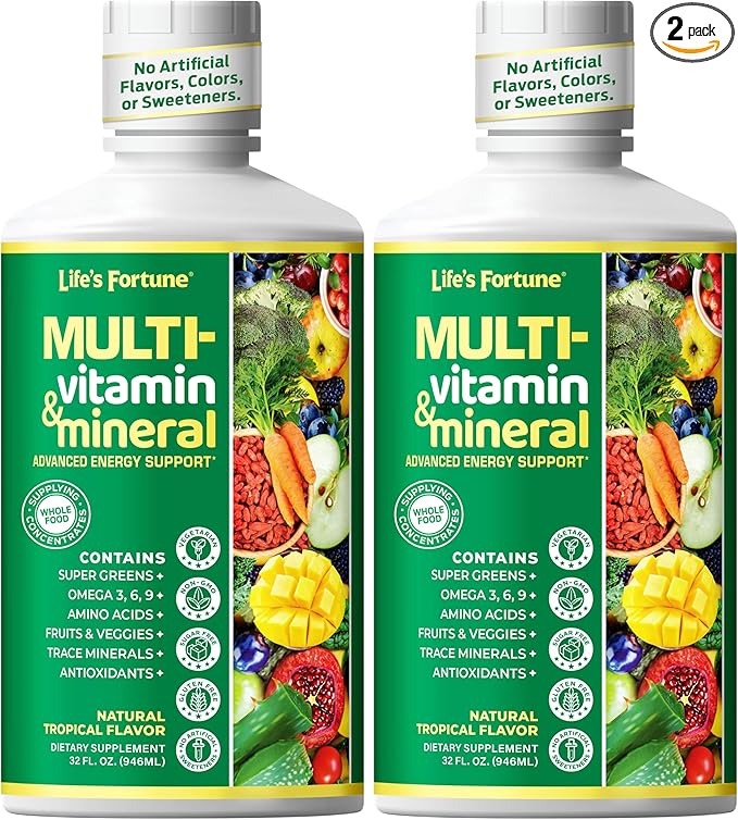 Life's Fortune Liquid Multivitamin for Adults Men &amp Women Teens – High Absorption Daily Vitamins – Trace Minerals Amino Acids Biotin L-Arginine – Tropical Flavor Sugar Free 32 oz (Pack of 2