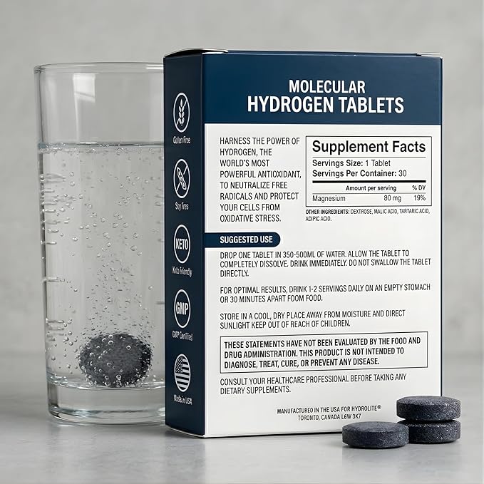 HydroLite Molecular Hydrogen Tablets for Drinking Water | Highest Concentration H2 12000 PPB | Antioxidant Detox | Made in USA 30 Tablets (Unflavored)