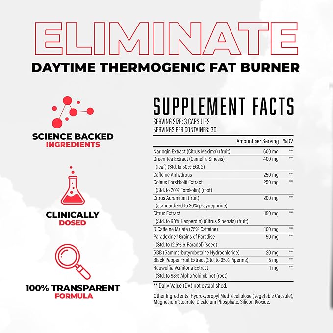 Eliminate Thermogenic Fat Burner For Men - Supercharge Metabolism Boost Energy Appetite Suppressant &amp Reduce Cravings - 11 Potent Ingredients Fast-Acting Potent Weight Loss Pills (90 Capsules)