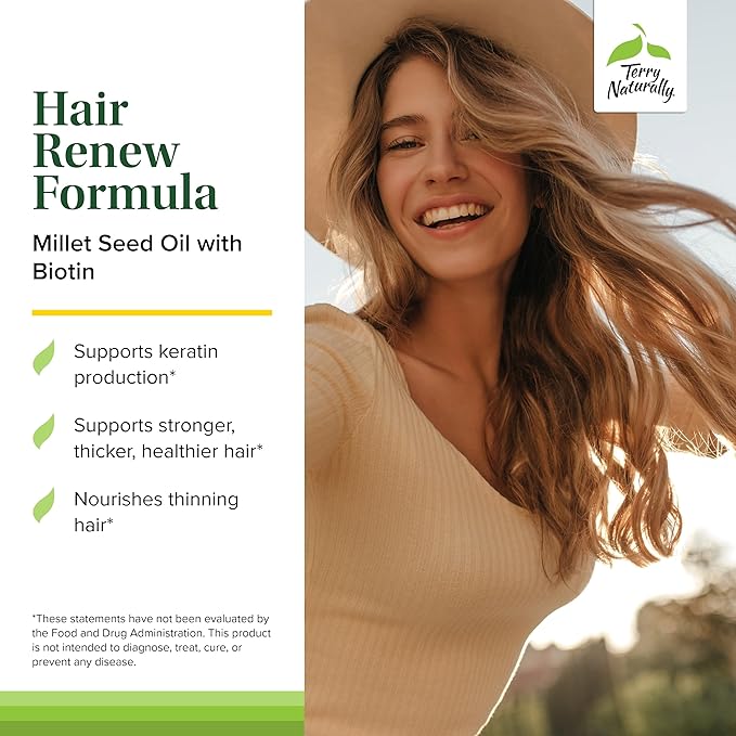 Terry Naturally Hair Renew Formula - Hair Growth Support Supplement with Horsetail Biotin &amp Folic Acid - Millet Seed Oil for Keratin Production Support - 60 Softgels 2 Pack