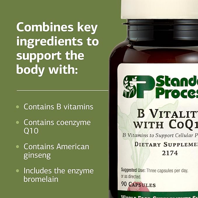 Standard Process B Vitality with Coq10 - Cellular Health Supplement with Biotin Vitamin B12 &amp Folate - Vegan Gluten-Free &amp Non-Dairy - 90 Capsules (30 Servings)