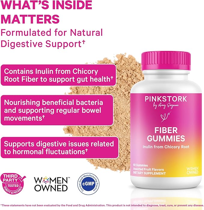 Pink Stork Prenatal Fiber Gummies for Women - 3g Prebiotic Inulin from Chicory Root - Natural Pregnancy &amp Postpartum Stool Softeners for Constipation &amp Digestive Health - 60 Vegan Fiber Chews
