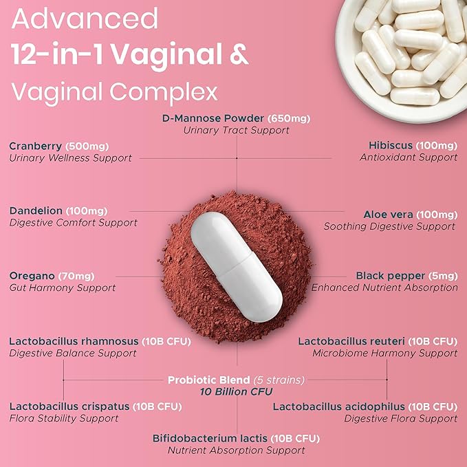 Women’s Vaginal Microflora Probiotic Complex | Everyday Freshness &amp Comfort Formula | 12-in-1 Blend with Cranberry D-Mannose &amp Hibiscus | Third-Party Tested cGMP Facility Vegan Non-GMO 60