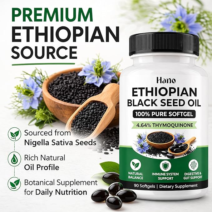 Hano Ethiopian Black Seed Oil Capsules with Cold Pressed Nigella Sativa Seed Oil 4.64% Thymoquinone Plant Based Botanical Supplement Non GMO 60 Softgels (1)