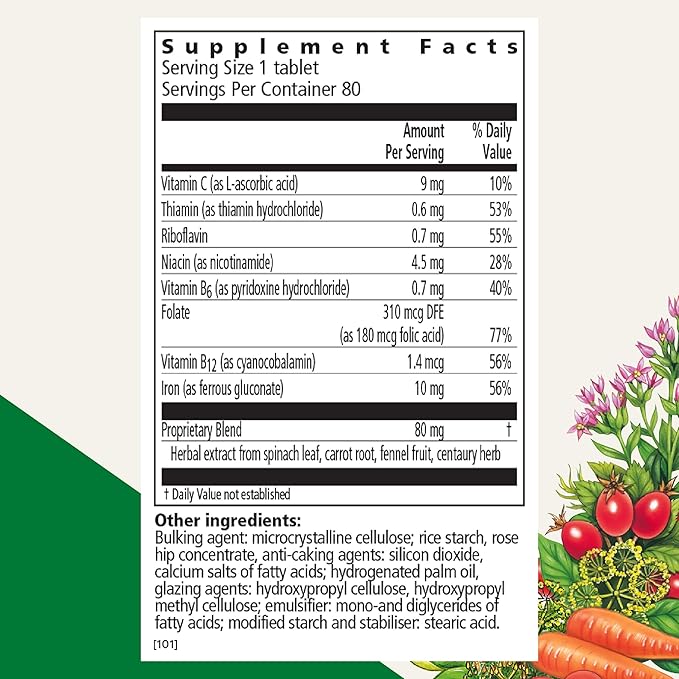 Floradix Iron Tablets - Iron Supplement with B Vitamins Folic Acid Vitamin C &amp More - Energy Support - Vegetarian &amp Gluten-Free - 80 Tablets (80 Servings)