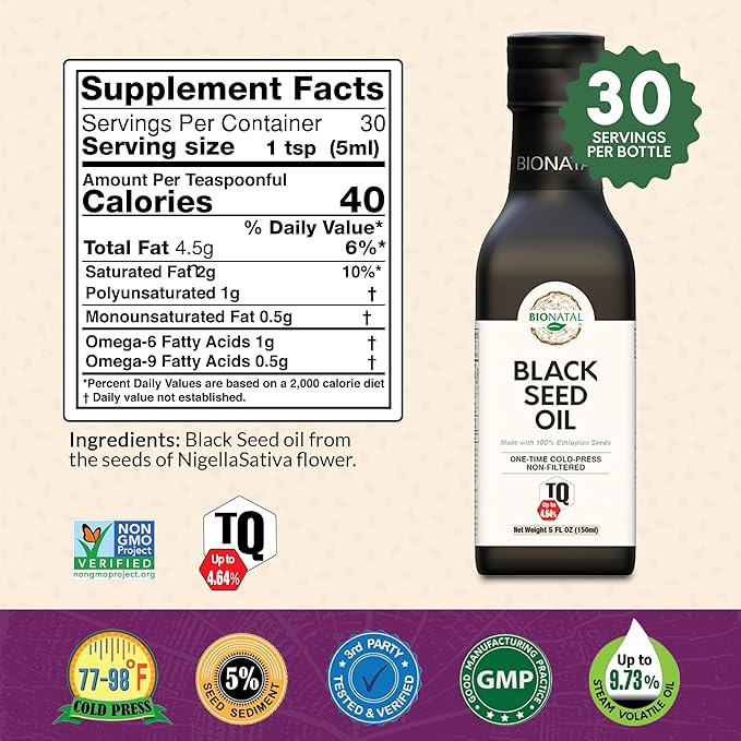 BioNatal Ethiopian Black Seed Oil 5oz Glass– Cold Pressed Nigella Sativa Producing Black Cumin Seed Oil Unrefined &amp Non-Filtered High TQ Up to 4.64% – Supports Immune System Digestion &amp Joi