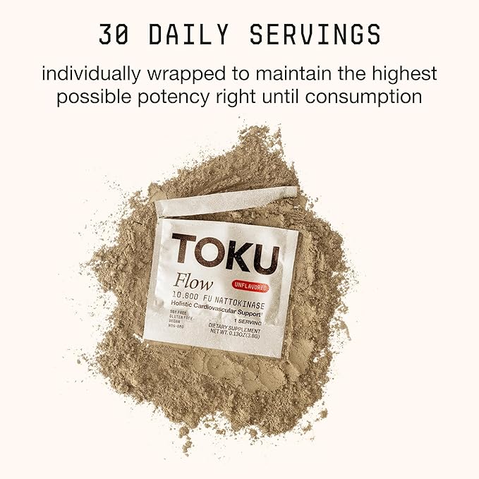 Toku Nattokinase 10800 FU Supplement with Vitamin K2 MK7 &amp Oat Beta Glucan Daily Circulation Support Powder Plant-Based Drink Mix Soy-Free 30 Single-Serve Packets - Unflavored