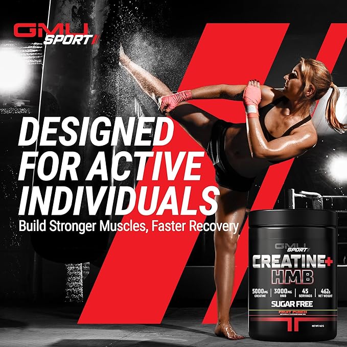 GMU SPORT Creatine HMB Powder – 45 Servings – 5g Creatine Monohydrate + 3g HMB + Piperine – Muscle Growth Strength &amp Recovery – Fruit Punch