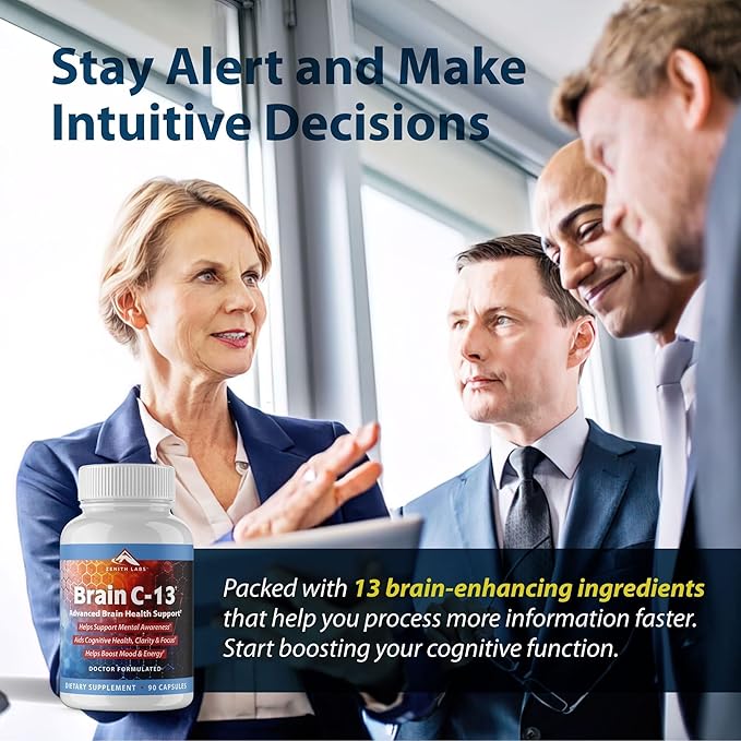 Brain C-13 Cognitive Booster Supplement by Zenith Labs - Natural Brain Health Support - Supports Memory Focus Concentration - Mental Clarity for Men Women
