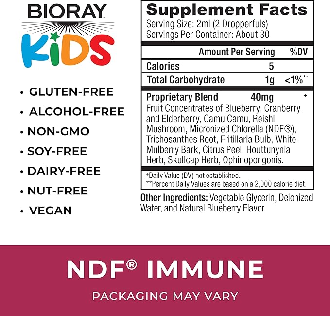 BIORAY Kids NDF Immune Blueberry - 2 fl oz - Immune Support &amp Toxin Remover - Non-GMO Vegan Gluten Free - Approx. 30 Servings
