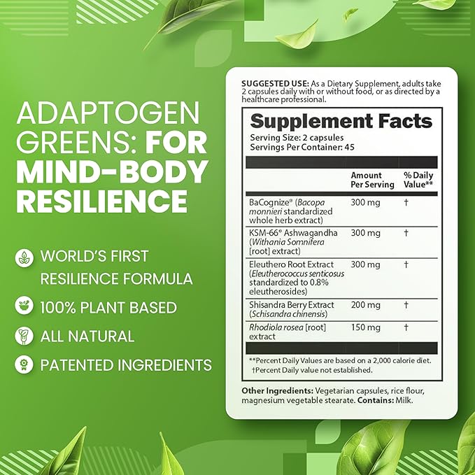 SaltWrap Adaptogen Greens - Mind-Body Resilience Formula - Caffeine-Free Nootropic for Stress Focus and Cognitive Performance - 90 Capsules