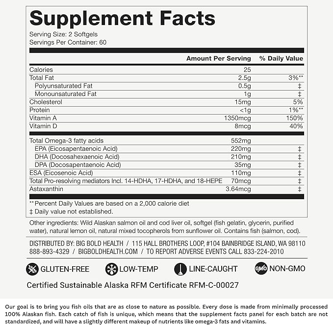 Big Bold Health Dutch Harbor Omega Maintain Softgels - Premium Alaskan Cod Liver Oil (120 Count) - Sustainably Sourced Omega-3 Supplement with EPA DHA DPA - Natural Vitamins A &amp D - MSC Certifie
