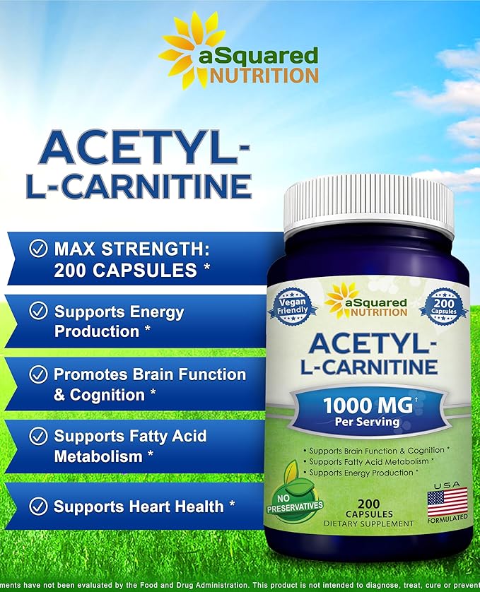 aSquared Nutrition Acetyl L-Carnitine 1000mg Per Serving Max Strength - 200 Veggie Capsules - High Dosage Acetyl L Carnitine HCL (ALCAR) Supplement Pills to Support Pure Energy Brain Function
