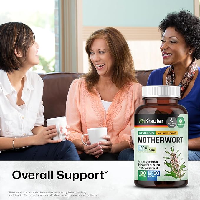 BIO KRAUTER® Perimenopause &amp Menopause Supplements for Women* - Vegan Motherwort Capsules 1200 mg/Serving 50-Day Supply for Natural Calm &amp Women's Wellness - No Fillers Non-GMO - 100 Calm Cap