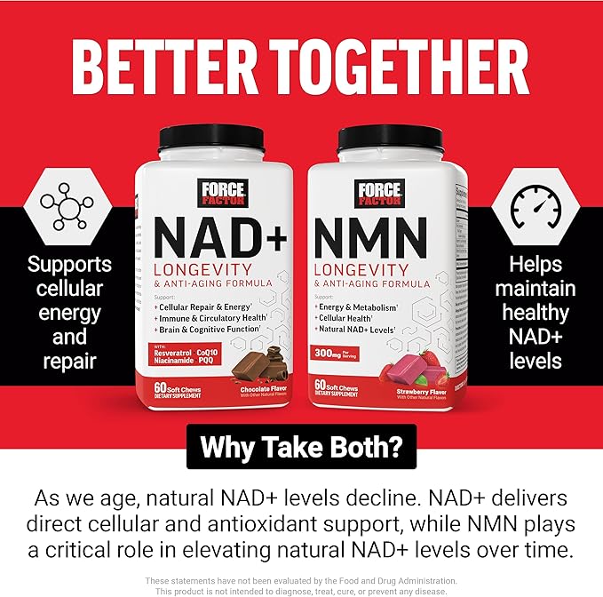 Force Factor NMN Longevity &amp Anti-Aging Nicotinamide Mononucleotide NAD+ Support Cellular Health Cellular Repair Energy Metabolism Strawberry 60 Soft Chews