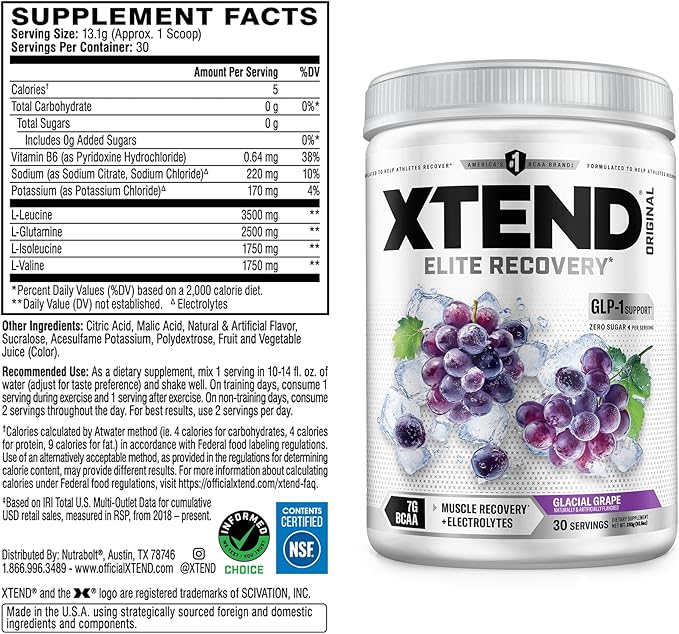 Xtend Original BCAA Powder 7g BCAAs and 2.5g L-Glutamine for Muscle Recovery Hydration and Lean Muscle Sugar Free Intra and Post Workout Drink with Electrolytes Glacial Grape 30 Servings