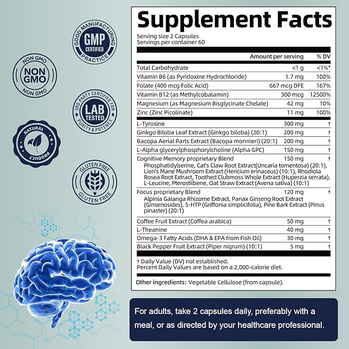 Totaria C-ognitive with Caffeine Pills L-Tyrosine Alpha GPC Ginkgo Biloba Bacopa Monnieri Brain Supplement for Memory and Focus Brain Nootropic Support - Non-GMO Gluten Free (2 Packs)