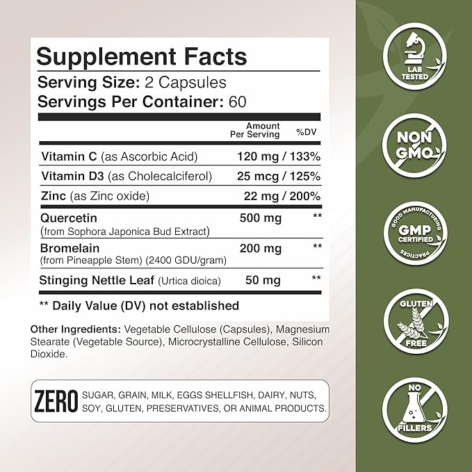 Quercetin with Vitamin C and Zinc - Nettle Quercetin - Quercetin 500mg - Quercetin with Bromelain - Zinc Quercetin + Vitamin D3 - 120 Veggie Caps - (Non-GMO Gluten-Free Vegan) - 2 Month Supply