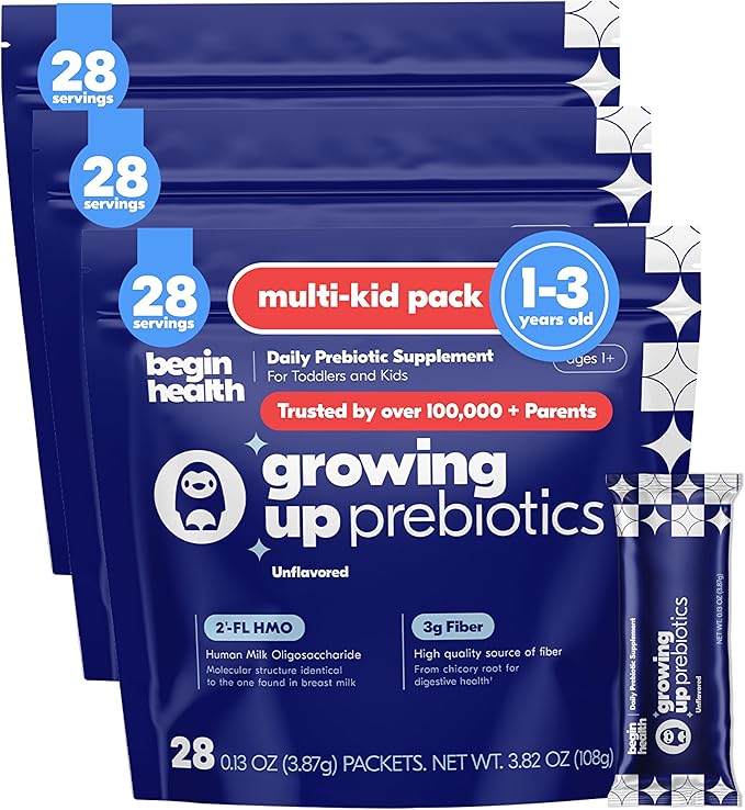Begin Health Growing Up Prebiotics for Kids 84-Packs | Prebiotic Soluble Powder Stool Softeners and Digestive Gut Health Supplement | Ideal to Mix with Kids Daily Beverages and Soft Foods - Unflavored