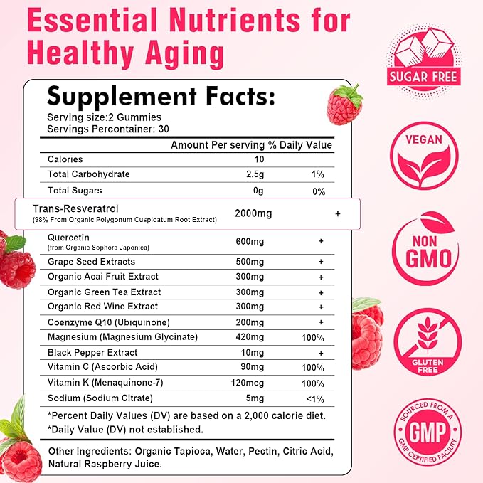 Organic Resveratrol Gummies for Women - Sugar Free Resveratrol-Nutritional-Supplements for Antioxidant Support Cellular Health Immunity Brain &amp Energy Raspberry Flavor 120 Count