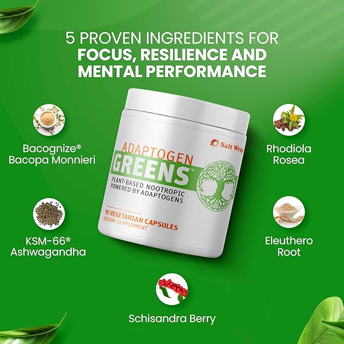 SaltWrap Adaptogen Greens - Mind-Body Resilience Formula - Caffeine-Free Nootropic for Stress Focus and Cognitive Performance - 90 Capsules