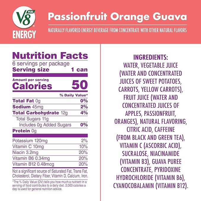 V8 +Energy Passionfruit Orange Guava Juice Energy Drink 8 fl oz Can (24 Pack)