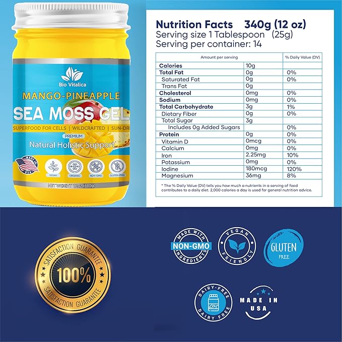 Sea Moss Gel by BioVitalica - Irish sea Moss raw Organic - Premium Quality - Dr Sebi Vegan superfood for Cells - 100% Natural Seamoss Gel - (Pack of 1 Mango-Pineapple)