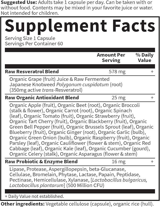 Garden of Life Raw Resveratrol Supplement with Probiotics &amp Digestive Enzymes – Antioxidant Support for Heart Health &amp Healthy Aging Non-GMO Vegan 60 Vegan Capsules