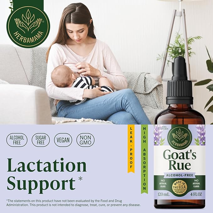 HERBAMAMA Goat's Rue Tincture - Vegan Lactation Support with Galega Officinalis Extract - Breastfeeding Support Drops - Non-GMO Alcohol &amp Sugar-Free Lactation Supplement 56-Day Supply
