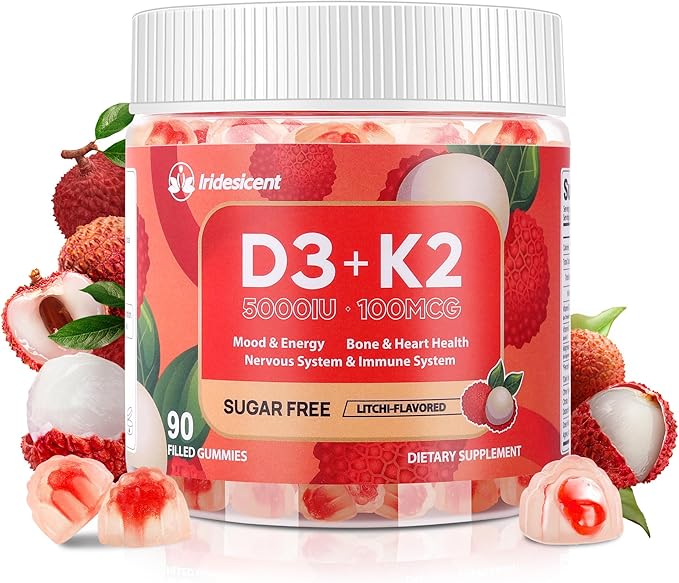 Vitamin D3 K2 Gummies w/Magnesium Sugar Free - 90 Count | D3 Vitamin 5000 IU + K2(MK-7) 100 mcg - Vegan K2 D3 Vitamin Supplement Highly Absorbent Supports Bone Muscle Mood &amp Immune(Lychee Flav