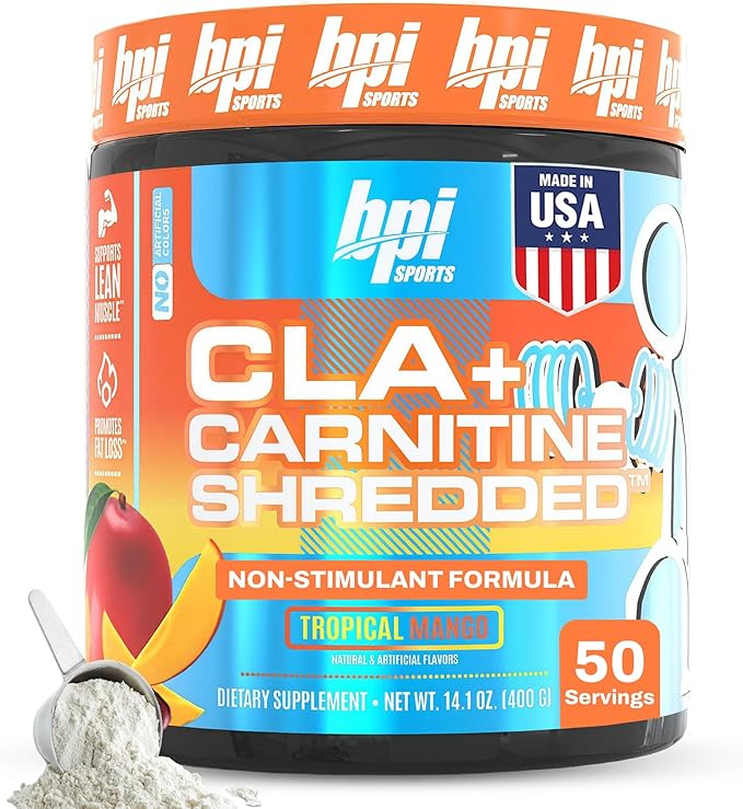 BPI Sports CLA + Carnitine Shredded - Convert Fat Cells Into Energy and Supports Lean Muscle Boost Metabolism - Non-Stimulant L-Carnitine Supplement - Tropical Mango (14.1 oz. / 50 Servings)
