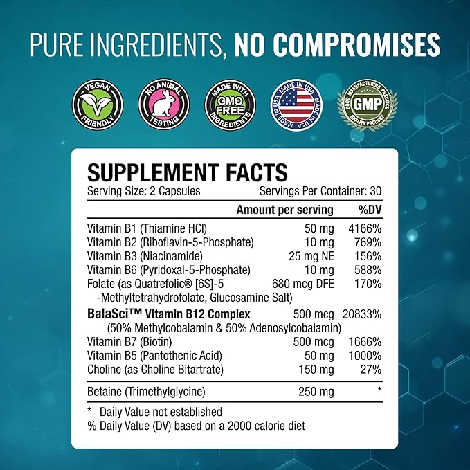 Approved Science Methylated B Complex – Full Bioactive Vitamin B Complex - Folate (5-MTHF) Methylated Vitamin B12 P5P – Methylation Support – Choline Betaine - 60 Capsules - Pack of 6