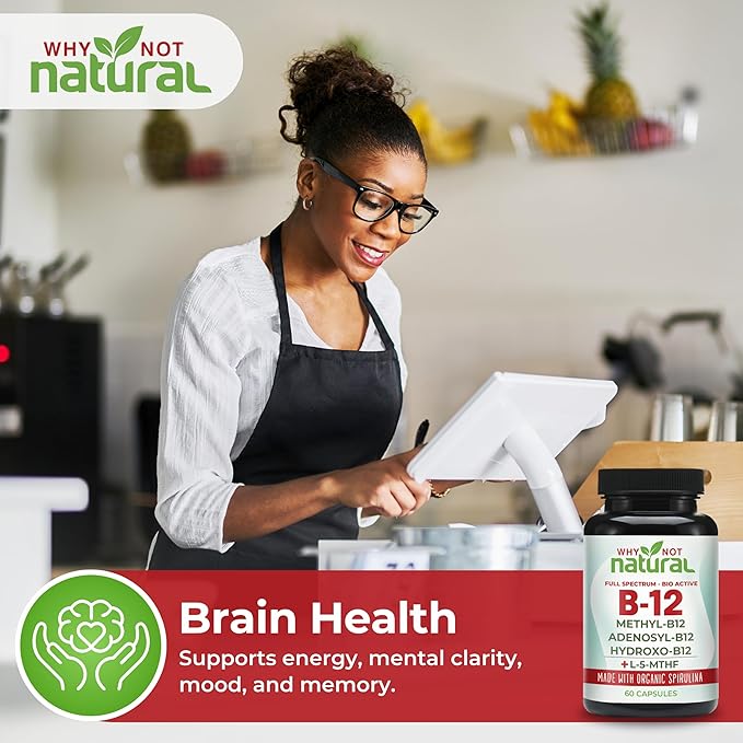 Why Not Natural Vitamin B12 5000 mcg Supplement with Methylcobalamin Adenosylcobalamin and Hydroxy B12 Complex with Methylfolate 1000 mcg L-5-MTHF Made with Organic Spirulina