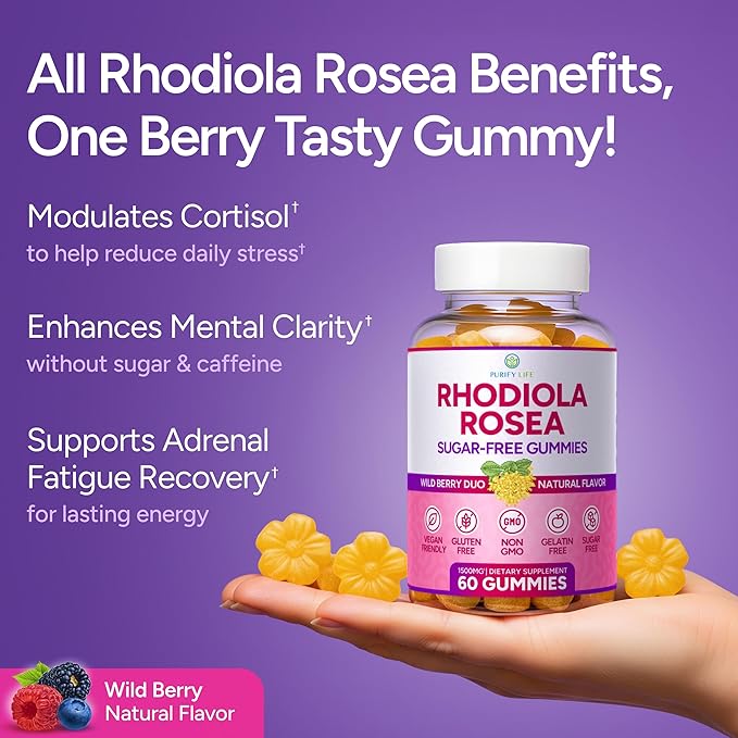 Sugar-Free Rhodiola Rosea Gummies (1500mg/Serving) Cortisol Detox &amp Adrenal Support Rhodiola Rosea Supplement for Mood Stamina &amp Performance Motivation Non-GMO 60 Vegan Chews