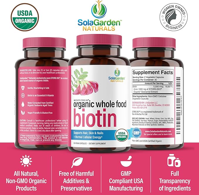 USDA Organic Whole Food Biotin Supplement Made with Plant-Based Biotin from Sesbania Agati Trees by SolaGarden Naturals 60 Non-GMO Vegan Capsules Supports Hair Skin and Nails Made in USA