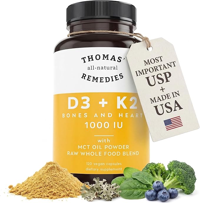 Thomas' all-natural Remedies D3 + K2 with MCT Oil for Better Absorption &amp Raw Whole Food Blend 1000 IU D3 Vegan Made in USA Support for Your Heart Bones &amp Teeth Non-GMO (120ct)