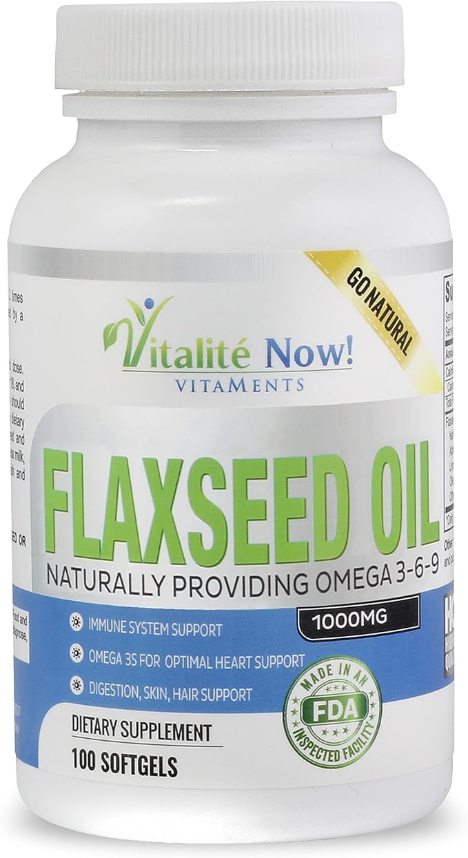Vitalité Now! Organic Flaxseed Oil Softgels - 1000mg Premium Virgin Cold Pressed from Flax Seeds - Hair Skin &amp Nails Support - Omega 3-6-9 Supplement - 100 Count - More Than 3 Month Supply!