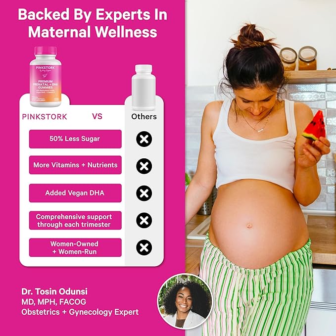 Pink Stork Premium Prenatal Gummy Vitamins with DHA Folate and Vitamin D - Multivitamin for Neural Tube and Fetal Brain Development - 60 Vegan Gummies for Morning Sickness Support