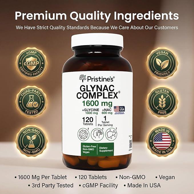 GlyNAC Supplement Complex Large Size Tablet 1600MG Glutathione Production - 3rd Party Tested Healthy Aging &amp Cognitive Support - Glycine &amp NAC Gluten Free Non GMO USA Made Glass Bottle