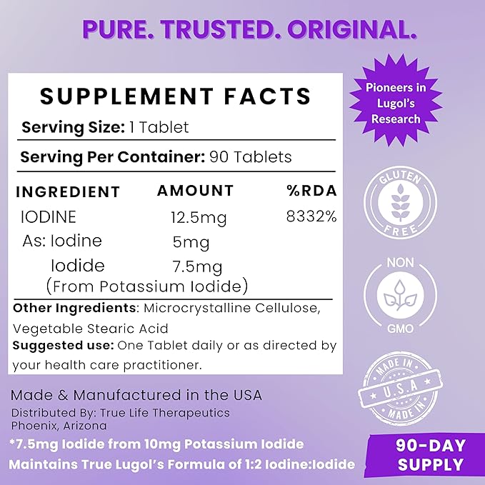 Lugol's Iodine Tablets 12.5mg x 90 ct - Reddish Brown Stable Iodine + Potassium Iodide Formula Masks Bitter Liquid Taste Thyroid Support Detox Breast Health - No Preservative Non-GMO Gluten-free
