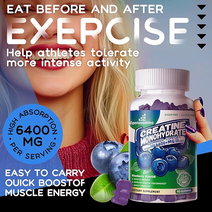 Creatine Monohydrate Gummies Complex for Men &amp Women -Advanced Formula W/L-Taurine + Vitamin B12 Sugar Free Chewable Supplement180 Blueberry Gummies 2pack