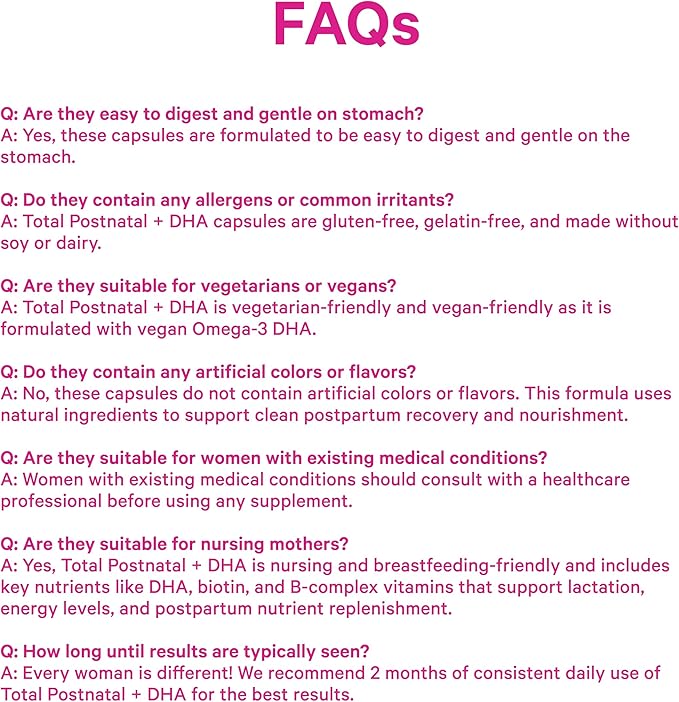 Pink Stork Total Postnatal Vitamins for Women with Vegan DHA Iron Folate and Vitamin B12 Postpartum Recovery Essentials Daily Supplement for Breastfeeding Moms - 3 Month Supply