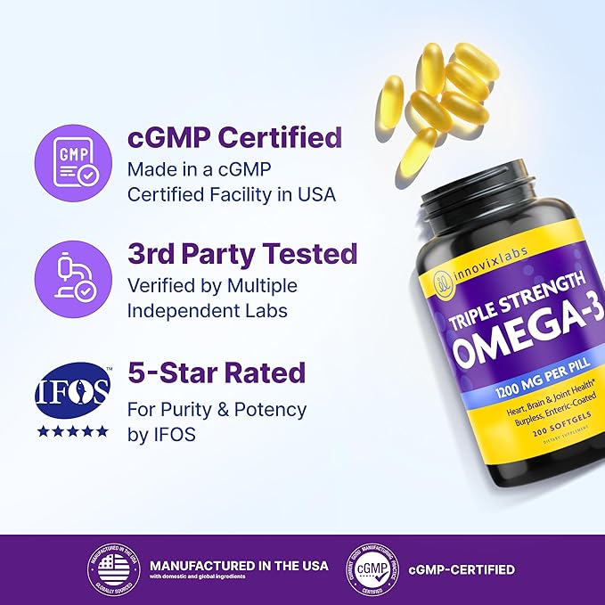 InnovixLabs Triple Strength Omega 3 Supplement Burpless Fish Oil for Women and Men - 900 mg EPA &amp DHA Brain &amp Joint Support Award Winning &amp Third-Party Tested 200 Softgels