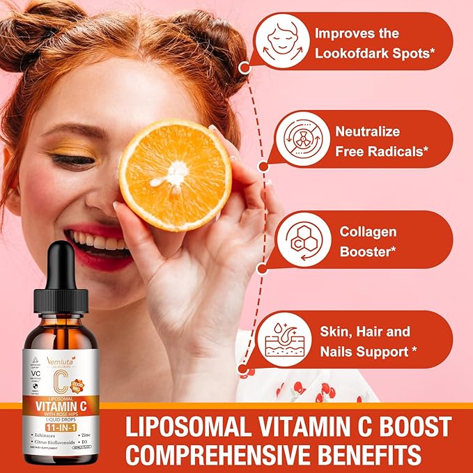 2 Packs Liposomal Vitamin C 2000mg Liquid Drop High Absorption VC Complex Rose Hips with Echinacea Citrus Bioflavonoids Zinc Vitamin D3 for Immune System &amp Antioxidant4 FL Oz