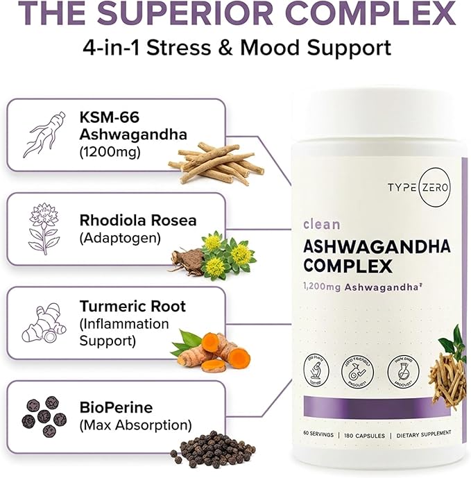 Type Zero KSM-66 Ashwagandha Root Extract 1200mg 60 Servings - High Potency 5% Withanolides - with Turmeric Rhodiola Rosea and BioPerine Black Pepper Extract - 180 Veggie Caps